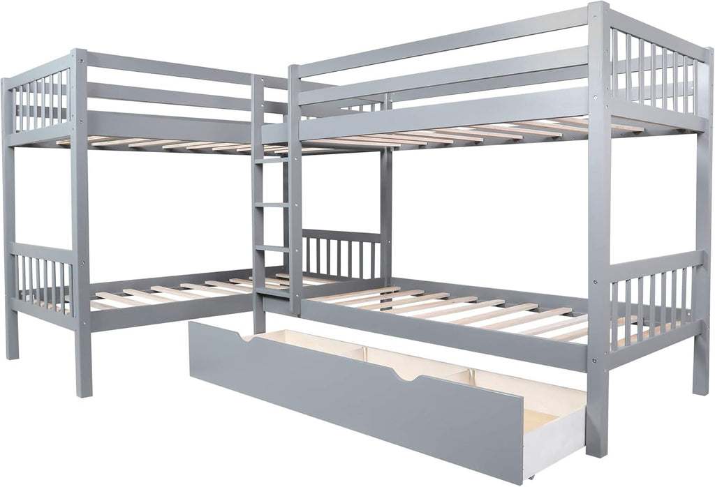 Twin L-Shaped Bunk Bed with Storage Drawers, Wooden Bunk Bed for 4, Grey