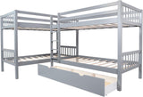 Twin L-Shaped Bunk Bed with Storage Drawers, Wooden Bunk Bed for 4, Grey