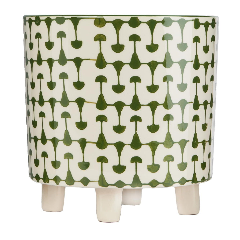 Footed Stoneware Planter with Abstract Print, Green and White