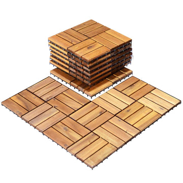 10 PCS Interlocking Patio Deck Tiles, 12 x 12in Acacia Hardwood Outdoor Flooring Tiles, 10 sq.ft Wood Composite Deck