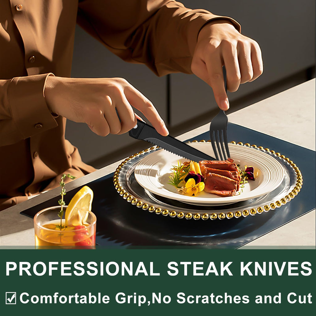 24-Piece Black Silverware Set with Steak Knives, Black Flatware Set for 4, Food-Grade Stainless Steel Tableware
