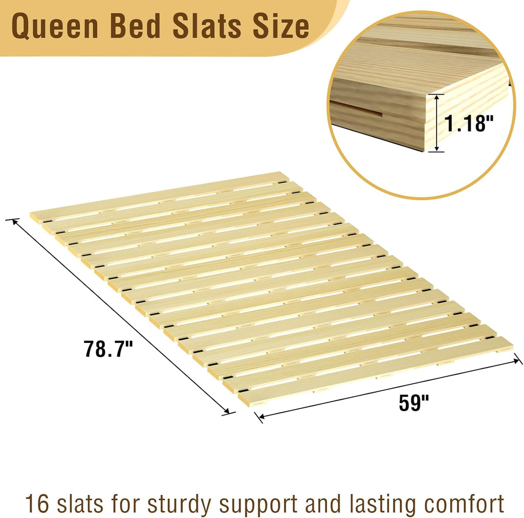 Tatami Mat Floor Bed, Knotless Solid Wood, Roll-Up Slatted Bed Plate with 2 Storage Straps, Moisture-Proof and