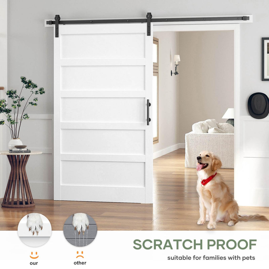 48x84 Inch White Sliding Barn Door Slab with 8ft Hardware Kit Included, 5-Panel, MDF Wood Panel Covered with