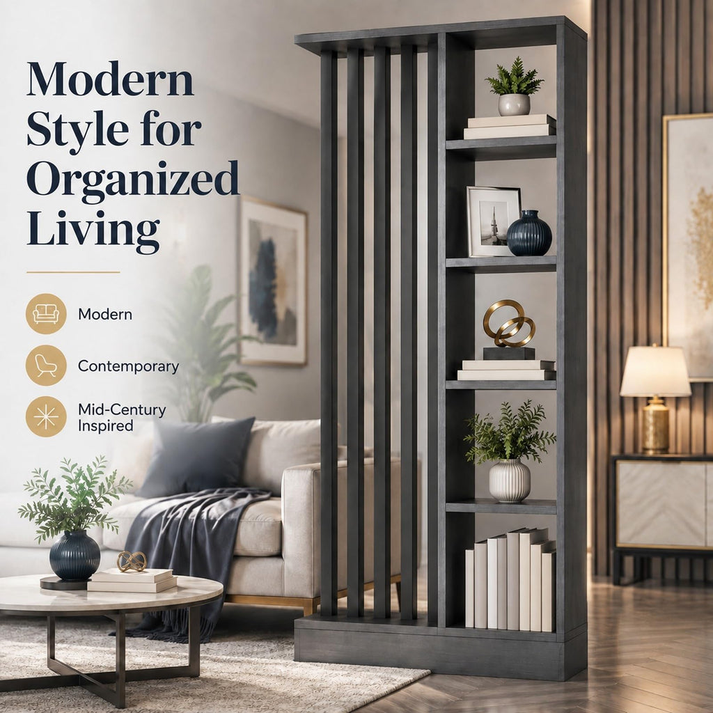 Wood Room Divider with Storage Shelves Freestanding Slat Partition
