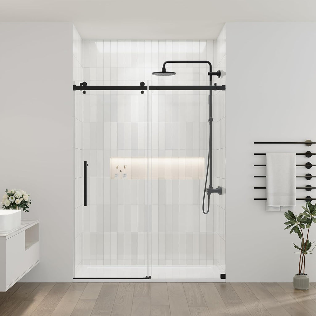 44-48.in W x 72.in H Frameless Shower Door, Water Repellent Black Shower Door with 1/4" (6mm) Clear Tempered Glass