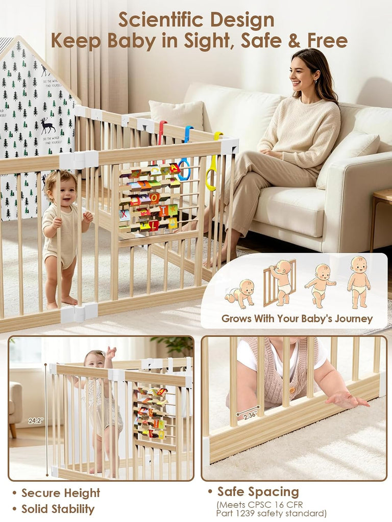 Large Wooden Baby Playpen with Locking Gate for Babies and Toddlers | Foldable Play Yard, Extra Large, Unique