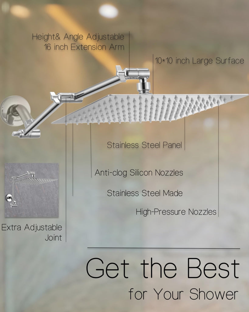 All Metal Rain Shower Head, 10'' High Pressure Rainfall Square Showerhead with 16" Shower Head Extension Arm