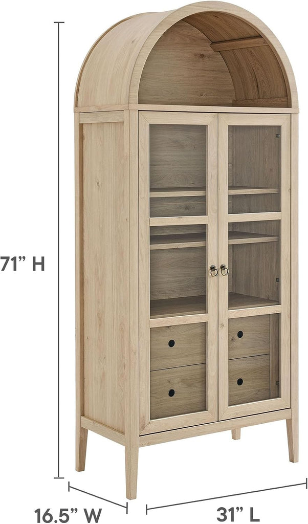 Nolan Modern Farmhouse 71 Inch Tall Arched Storage Display Cabinet in Light Oak Wood Grain - 4-Tier Bookcase with