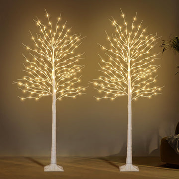 Birch Tree Lights 6+6FT, Set of 2 Prelit Christmas Trees 8 Lighting Effects and Timer, Artificial Trees Warm White