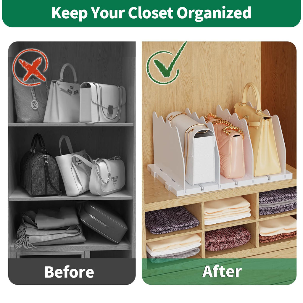 Shelf Divider for Closet, Adjustable Purse Organizers, White