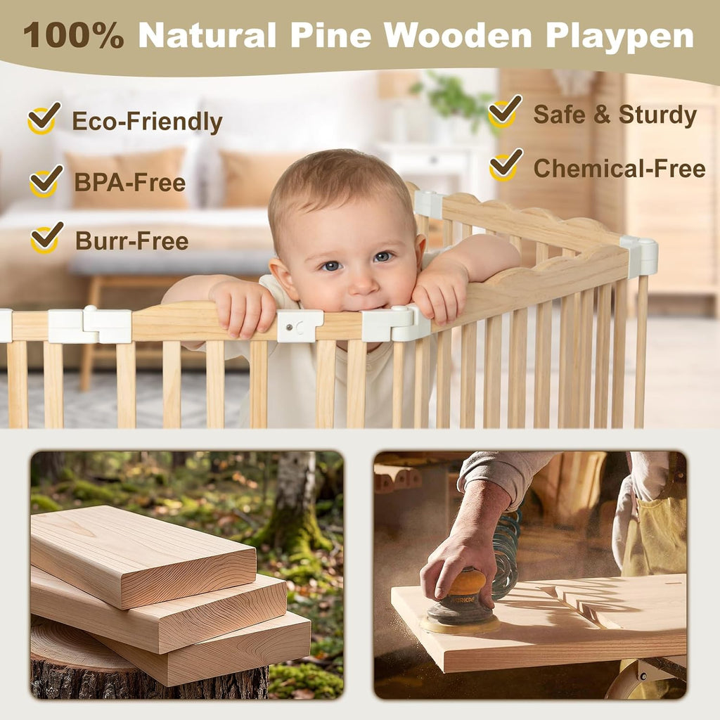 Foldable Wooden Baby Playpen, Pre-Assembled Pine Wood Play Pen, 60x60x24in | Adjustable Shape & Size Large Baby Fence