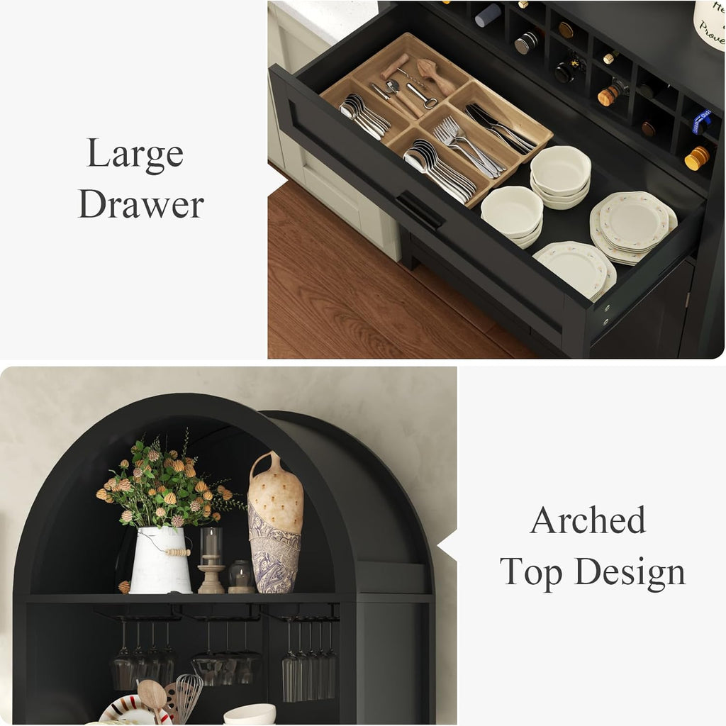 76" Arched Wine Bar Cabinet with Drawer, Glass Holders & Wine Rack | Modern Liquor Bars Cabinet W/Drawer & Shelves