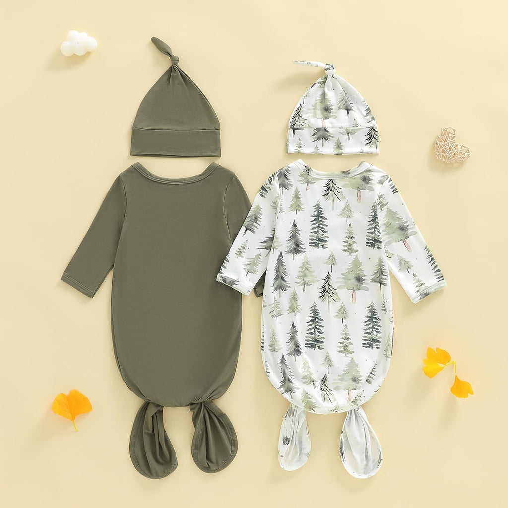 2 Pack Baby Boy Girl Gown Newborn Knotted Nightgown and Hat Set