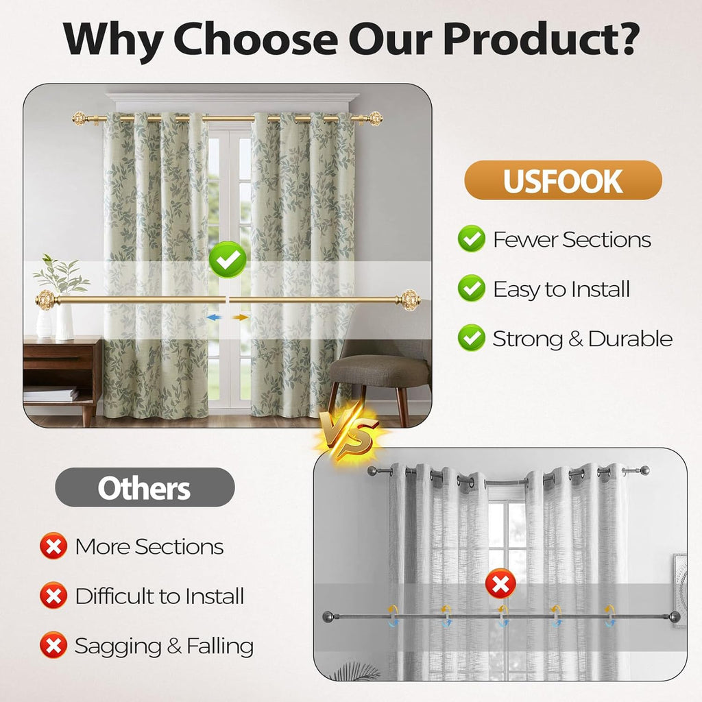 1 Inch Gold Curtain Rods for Windows, Telescoping Single Drapery Rod, Decorative