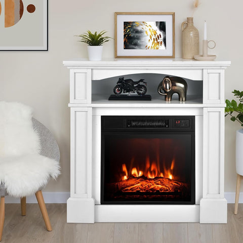 32 Inch Freestanding Electric Fireplace with Mantel, Realistic Flame, Thermostat, 3 Brightness Levels, Timer and Remote Control, White