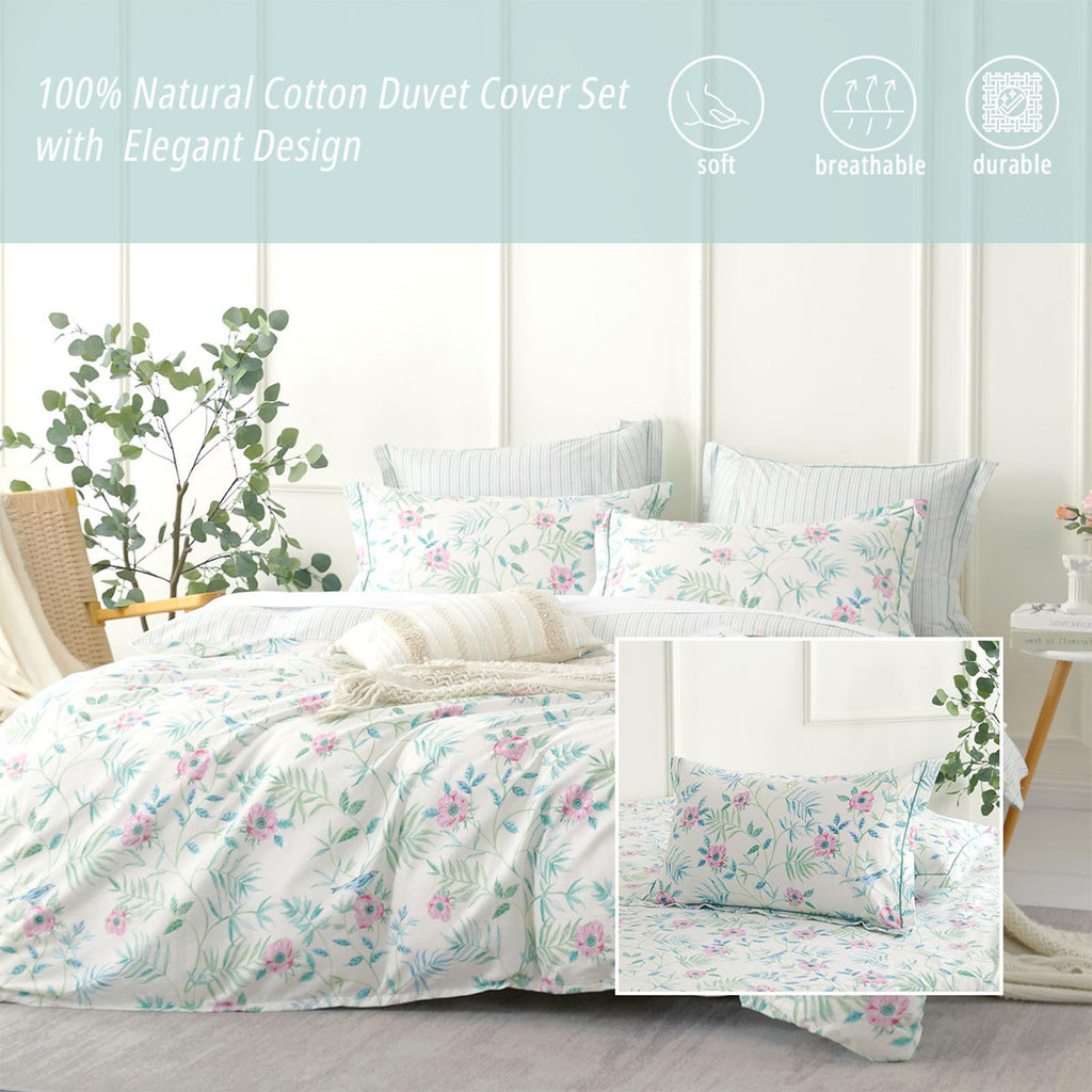 Fresh White & Aqua Botanical Cotton Duvet Cover Set 3PC