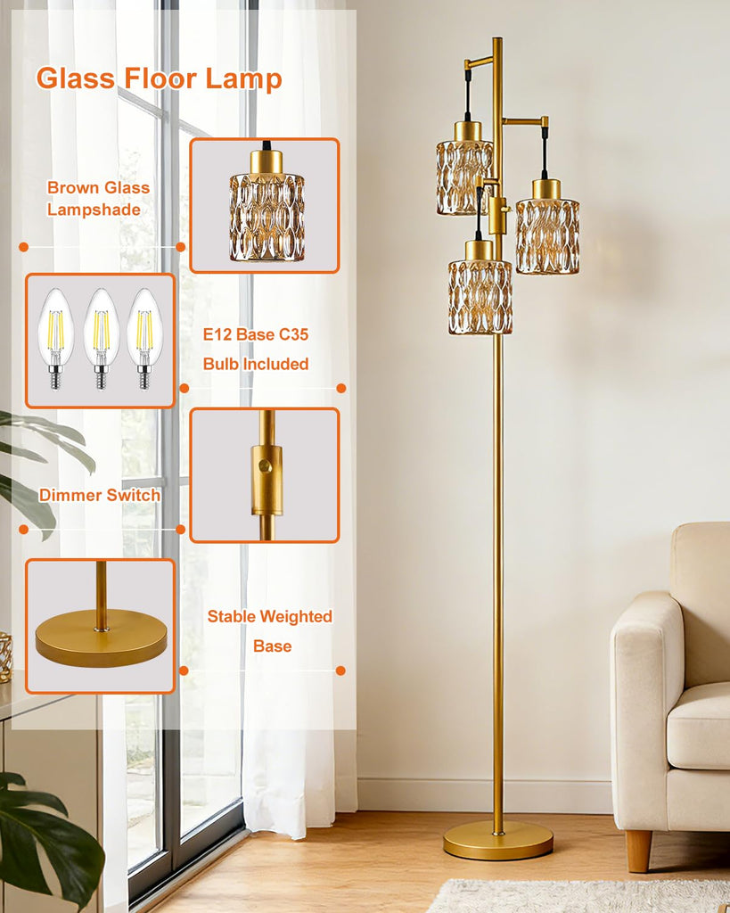 Glass Floor Lamp 3-Light Modern Gold Tall Lamp with Amber Cylinder Shade