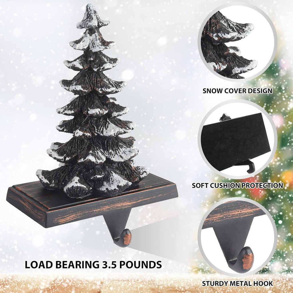 Christmas Stocking Holders for Mantle Set of 4 Snow Brown Vintage Xmas Tree with Non-Skid Stockings Holders for