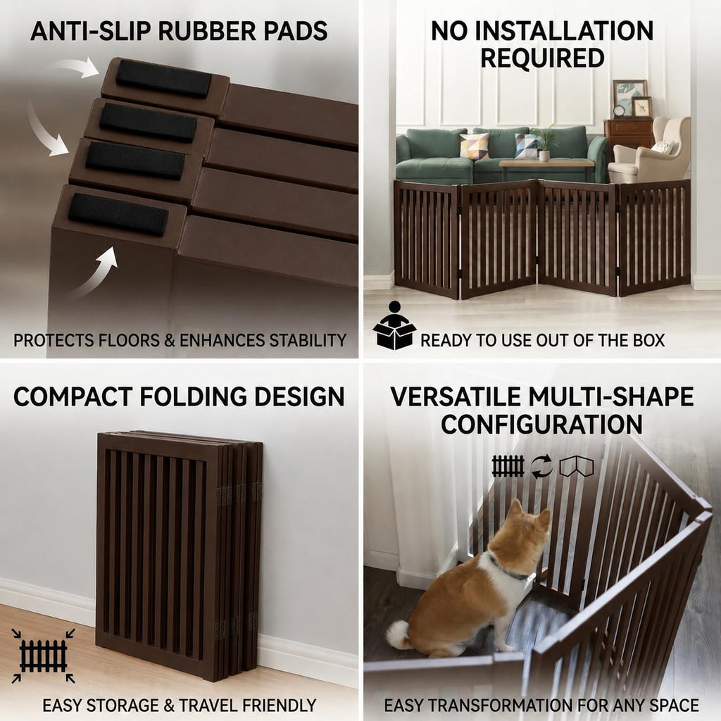 Freestanding Pet Gate 4 Panel Wooden Step Over Dog Gate
