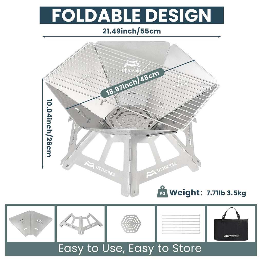 21" Portable Outdoor Fire Pit with Charcoal Grill Net & Storage Bag