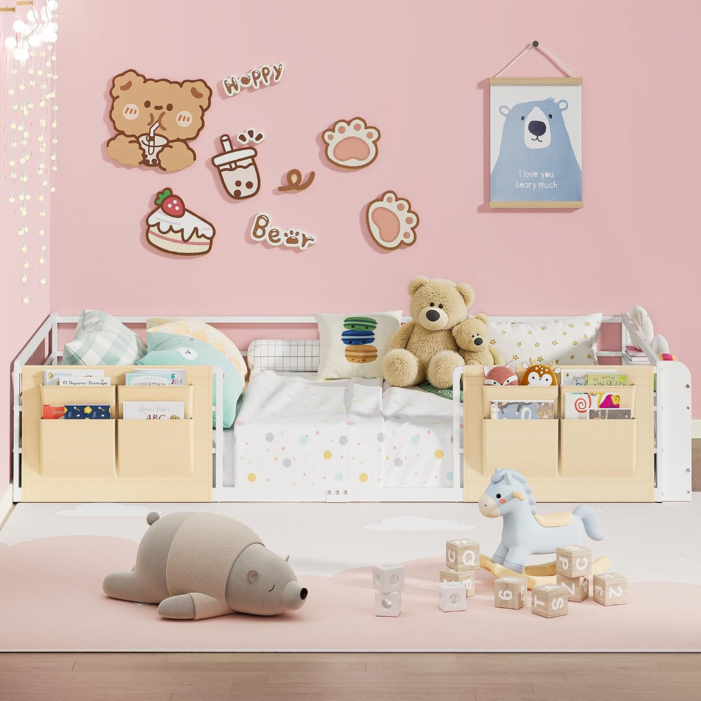 Montessori Floor Bed for Kids with 2-Tier Bookcase and Caddy
