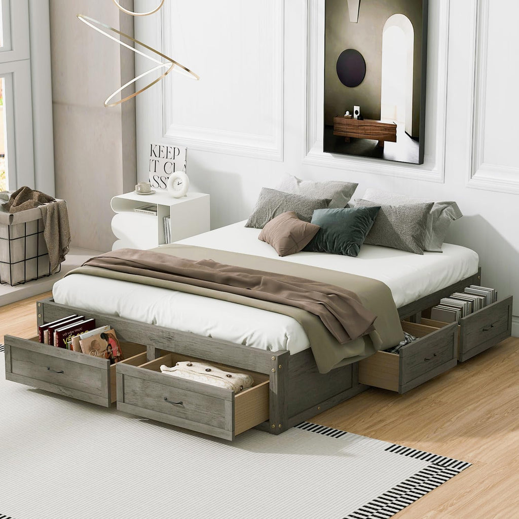 Japanese Wooden Platform Bed With 6 Storage Drawers, No Headboard