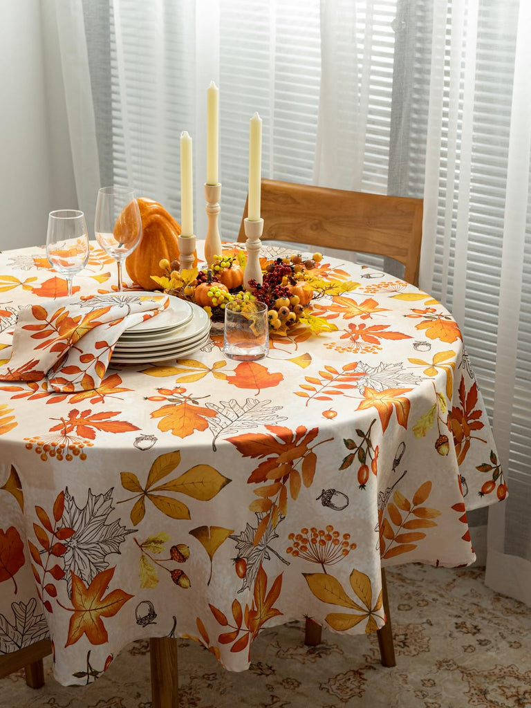 Fall Thanksgiving Tabletop Collection Dining Decoration Parties Harvest, Fall Leaves, Tablecloth, 70" Round