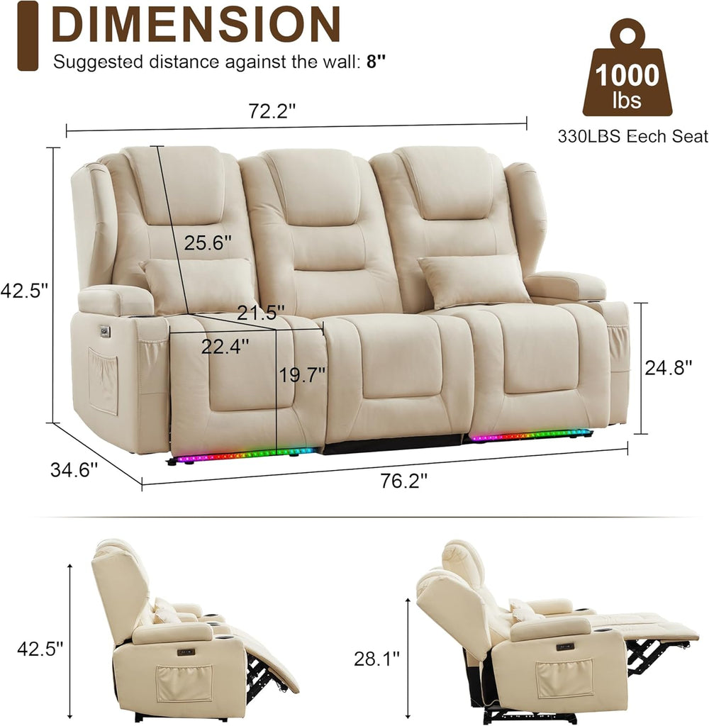 RV Power Loveseat Recliner Sofa, Leathaire Fabric 3-Seater Wall Hugger Reclining Sofa