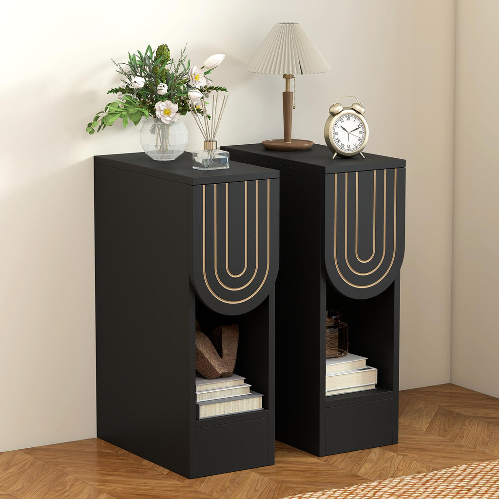Narrow Nightstands Set of 2, Black Bedside Table with Carved Drawer and Storage Shelf, Mid-Century Modern Slim Side