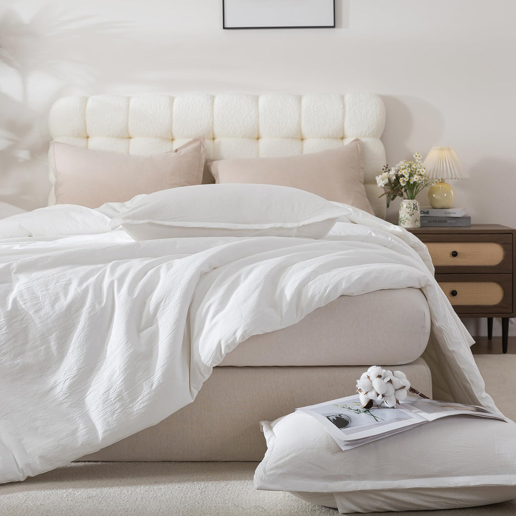 White Comforter Set Full Size, Cotton Fabric with Microfiber Inner Filling 3 Pieces Linen Like Bedding Set, Soft Boho