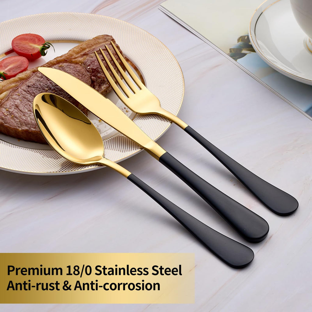 Black & Gold Silverware Set, 18/0 Stainless Steel Colorful Handle Flatware Set, Service for 4, Modern