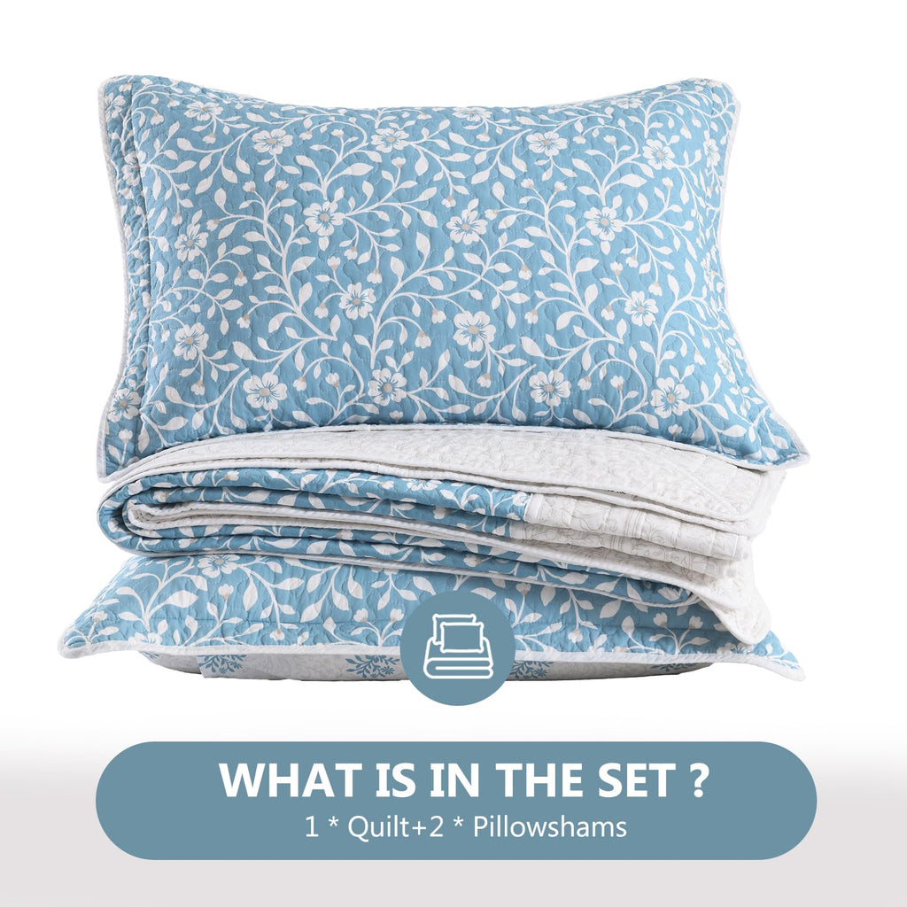 100% Cotton Quilt Set - Floral Quilted Comforter, Reversible Botanical Farmhouse Quilt Bedspread