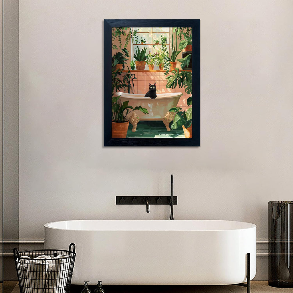 Framed Funny Bathroom Wall Decor Green Plant Picture Painting Modern Bathroom Wall Art Bath Black Cat Canvas Print