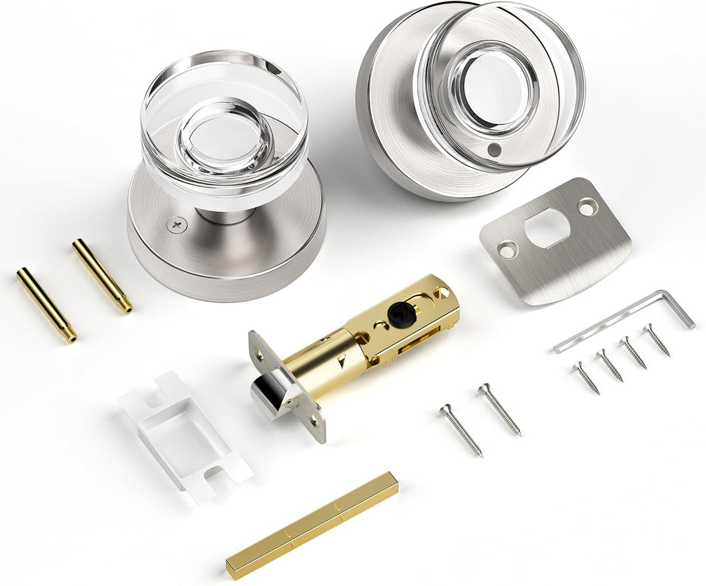 Brushed Nickel Door Knobs Crystal Door Knob Interior Privacy Door Knobs Round Glass Door Knob , Satin Nickel