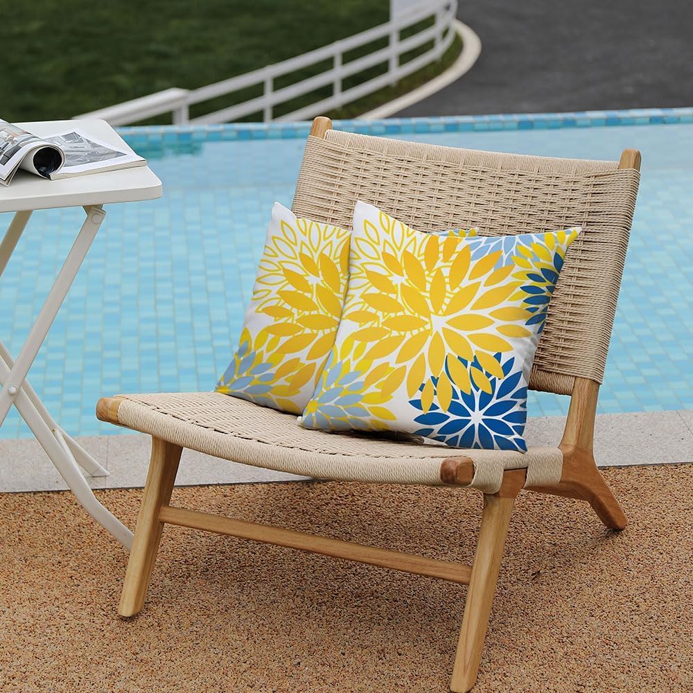 Yellow Blue Flower Pillow Covers 18x18 Inch Set of 2 White Gray Colored Throw Pillows Outdoor Waterproof Decor