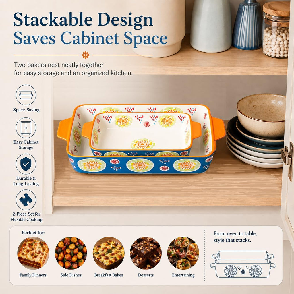 Ceramic Dish Set, 2-Piece Stoneware Casserole Dishes for Oven, 3.4QT & 1.5QT Deep Lasagna Bakeware with Handles