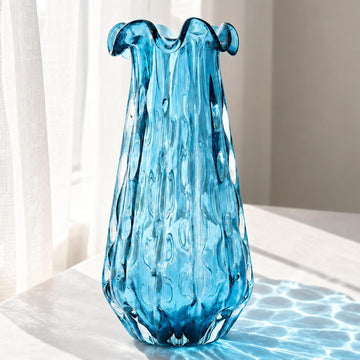 16.7" H Turquoise Glass Vase, Hand Blown Wide Mouth Teal Blue Glass, Murano Style Modern Art, Art Deco Contemporary