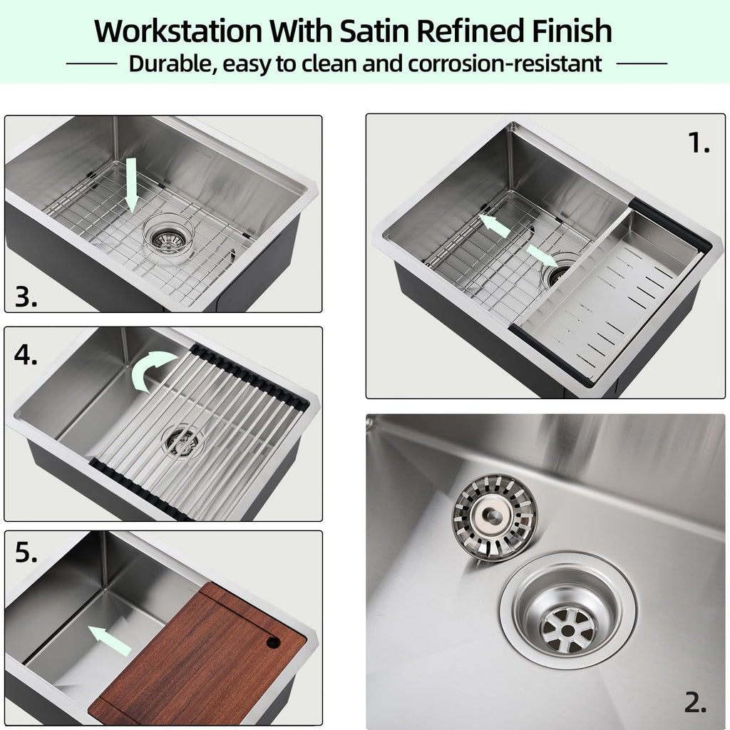 Undermount Kitchen Sink, 24 x 19 Inch Sink Kitchen 16 Gauge Stainless Steel Kitchen Sinks Single Bowl Workstation
