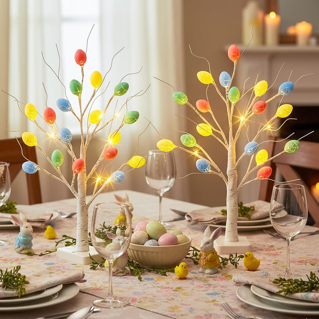 Easter Decorations, 2 Pack Lighted Easter Tree Battery Operated with Timer, 22 Inch LED Birch Tree with 36 Egg - Set of 2