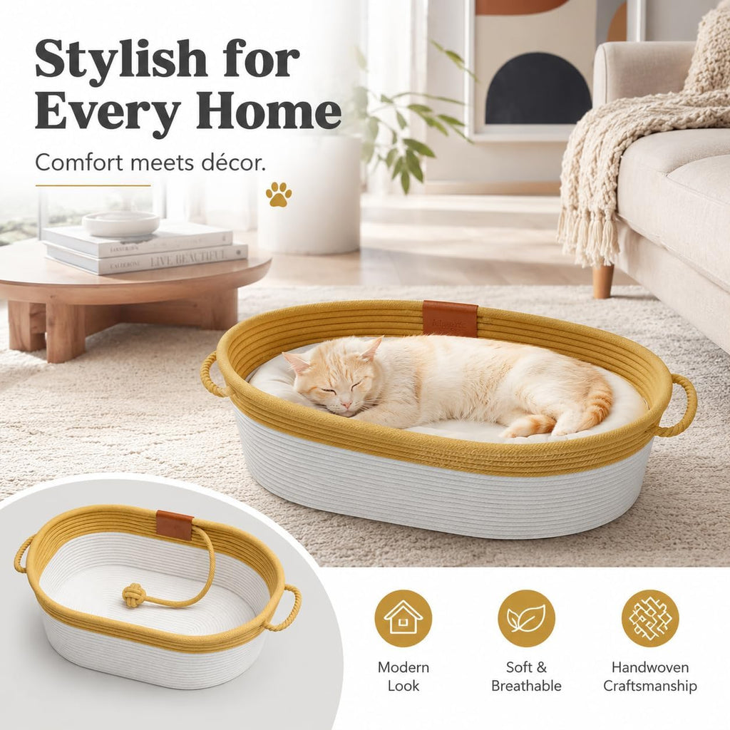 Handwoven Cotton Rope Cat Basket Bed, Oval Wicker Cat Bed with Toy Ball & Handles (L Size for Cats Up to 18
