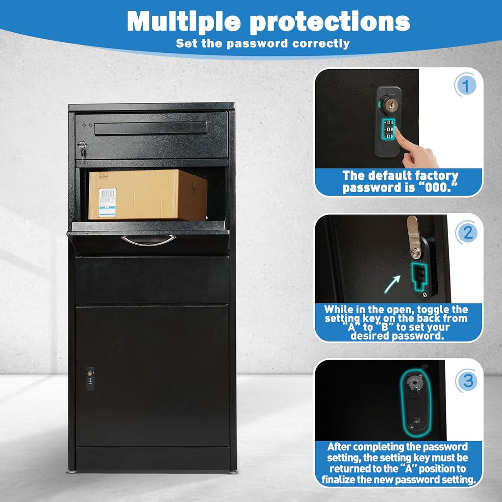 45" Package Delivery Box - Lockable Black Metal Parcel Drop Box, Anti-Theft, IPX4 Waterproof