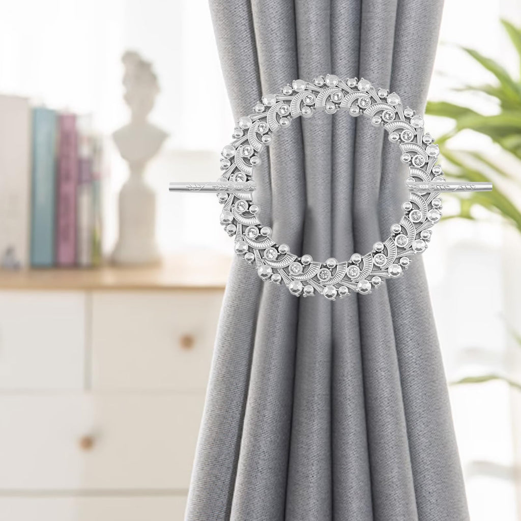 Silver Curtain Tiebacks Round Drapery Holdbacks, 20 Crystals - 2 Pack