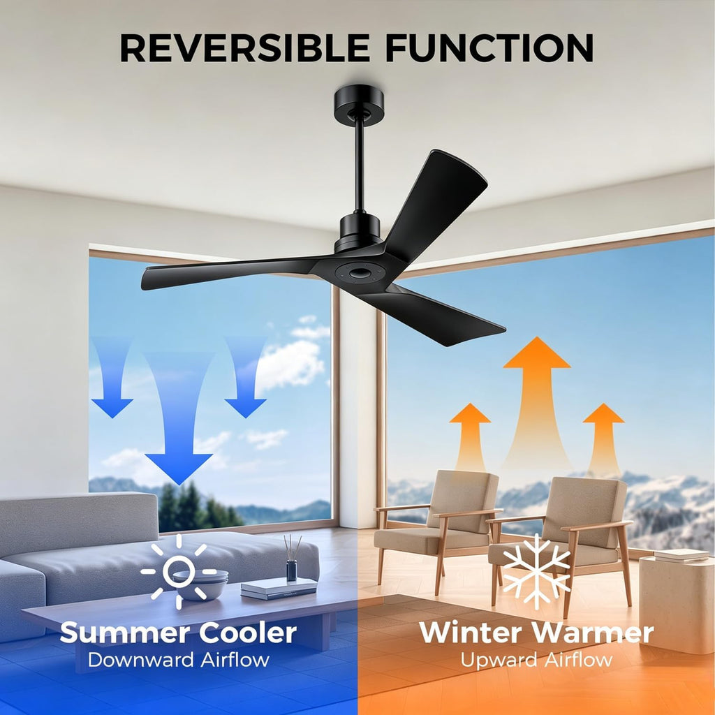Inspired Adler Style 52" Solid Wood Ceiling Fan Without Light, 3 Sculpted Blades, Quiet DC Motor, 6-Speed Remote - Black