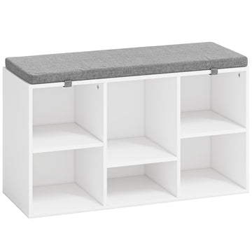 Shoe Bench, Storage Bench with Padded Seat, 6 Cubbies Storage Entryway Bench, White