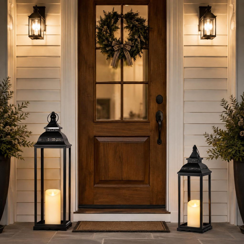 Large Candle Lanterns Set of 2, Black Lanterns Decorative Indoor Outdoor