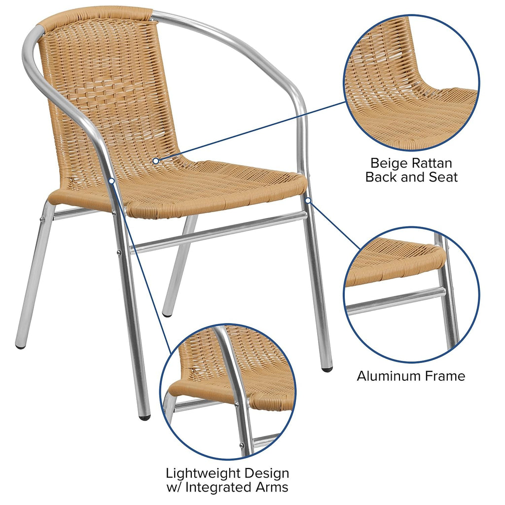 Lila 4 Pack Commercial Aluminum and Beige Rattan Indoor-Outdoor Restaurant Stack Chair