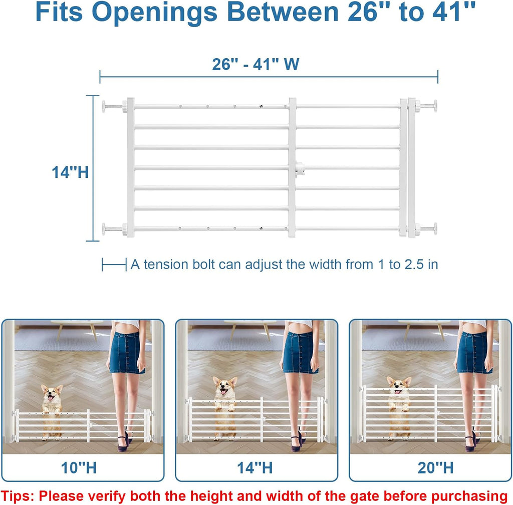 Indoor Dog Gate with Door, 26-41" Extra Wide Full Metal Pet Gate Short Dog Gate for Stairs, Pressure Mount 14'' Tall