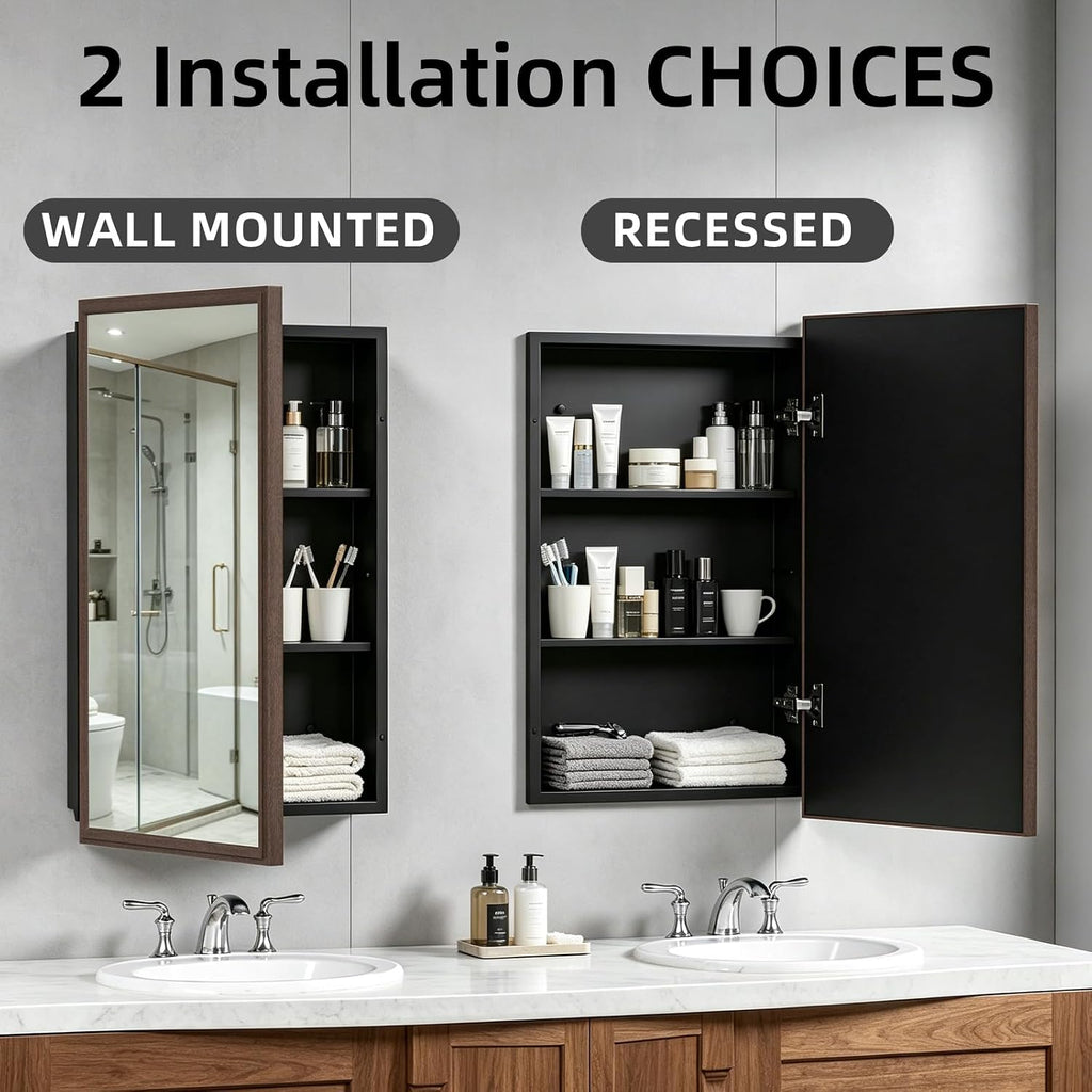 Recessed Medicine Cabinet Mirror with Storage,Brown Aluminum Medicine Cabinet Frame Mirror,Tempered Glass,Mount