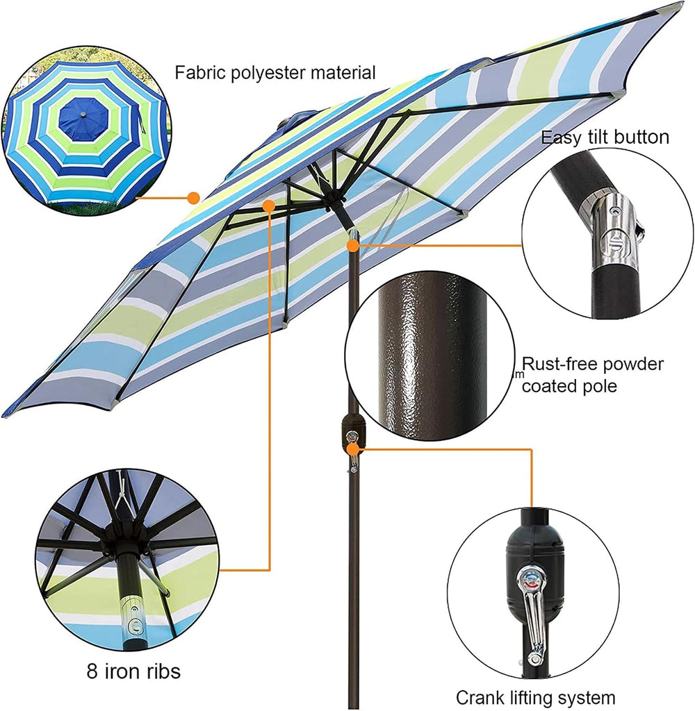 9' Outdoor Patio Umbrella, Outdoor Table Umbrella, Yard Umbrella, Market Umbrella with 8 Sturdy Ribs - Blue & Green Stri