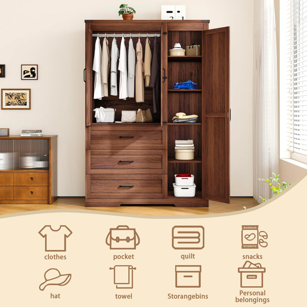 70" Tall Wardrobe Closet with 3 Doors & 3 Drawers, Farmhouse Armoire with Hanging Rod, Wooden Armoire Wardrobe Closet